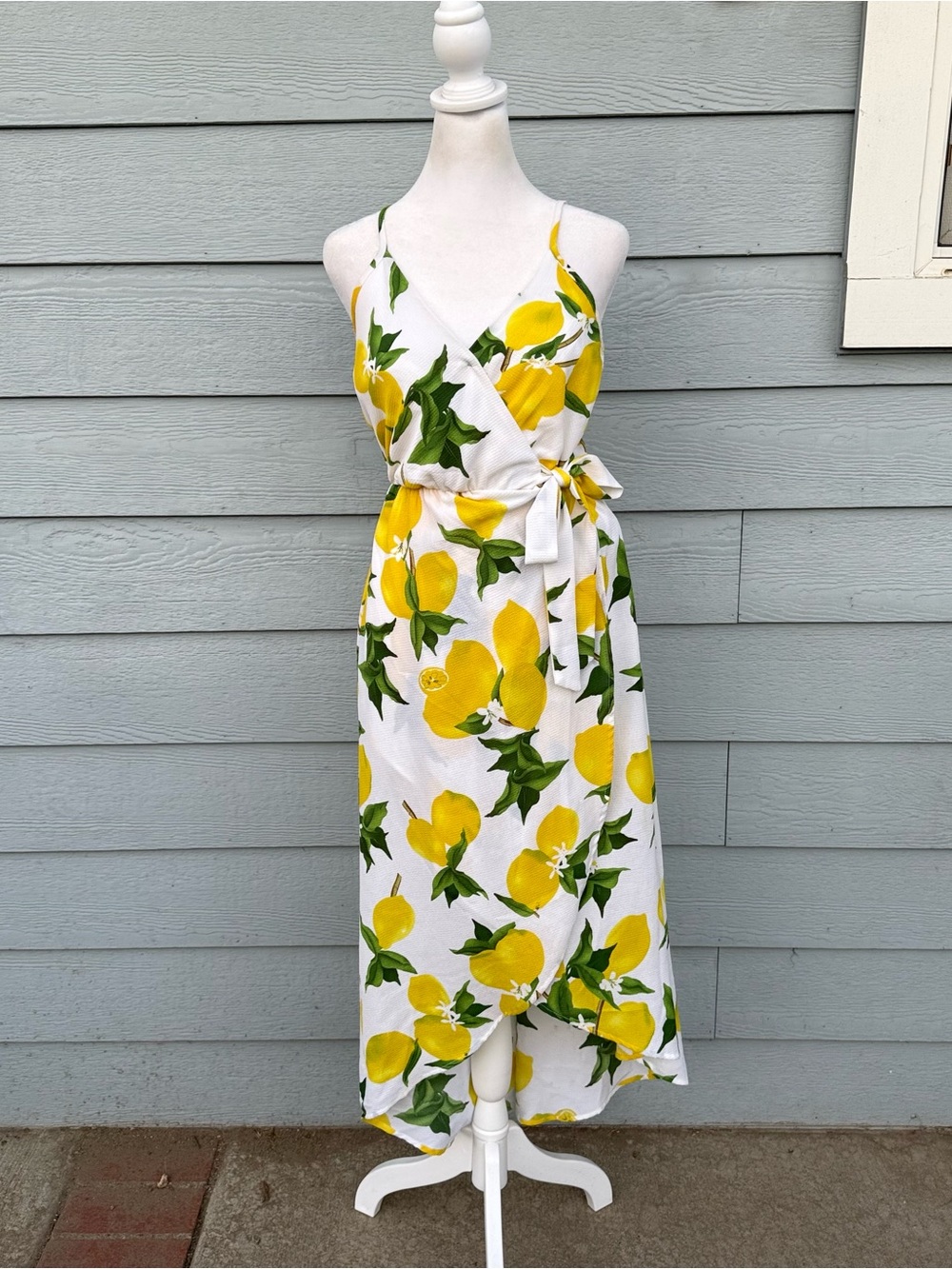 Lemon-Print Wrap Maxi Dress in White and Yellow
